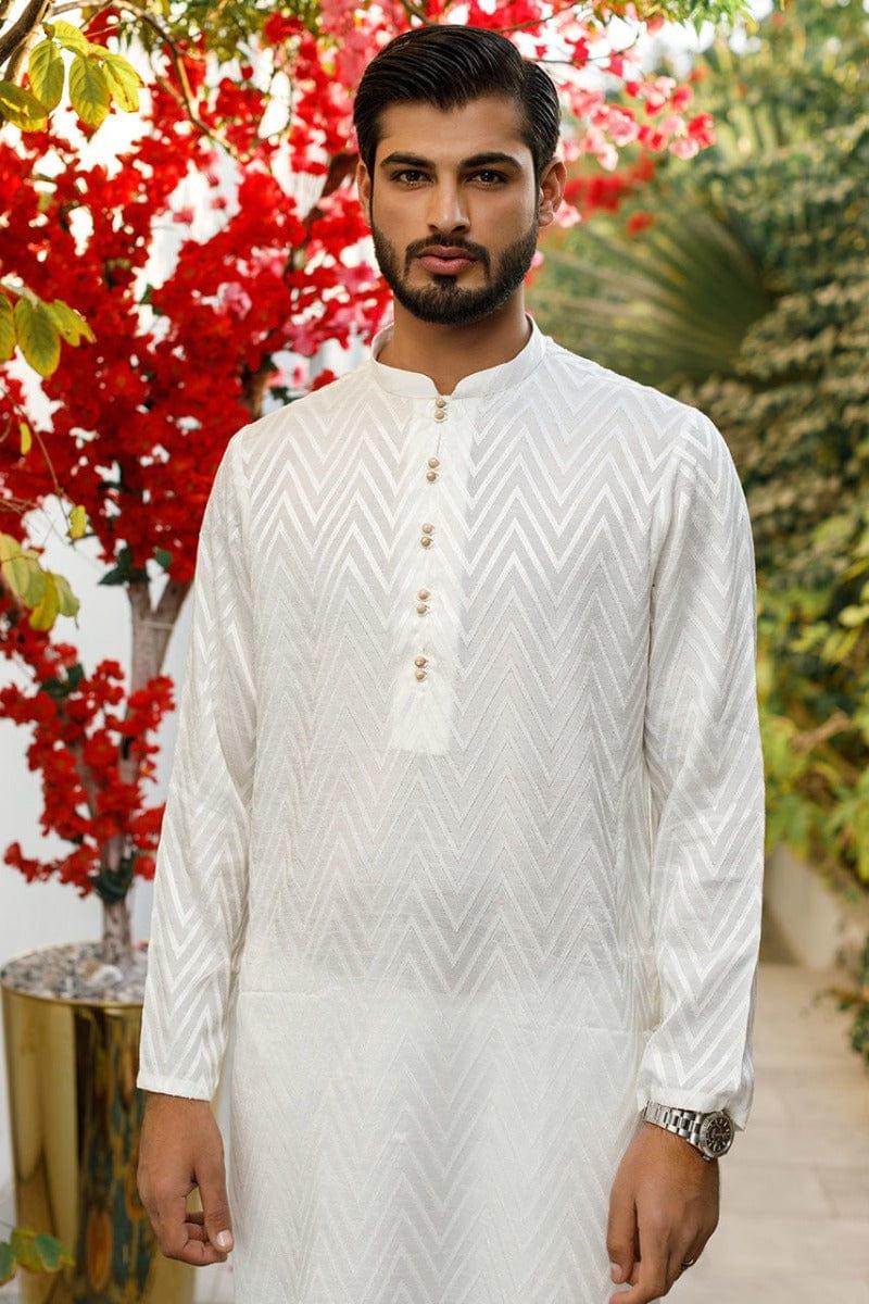Deepak Perwani Men - White Raw Wilk  Embroidered Kurta Pajama - MOF1866 - 2 Piece