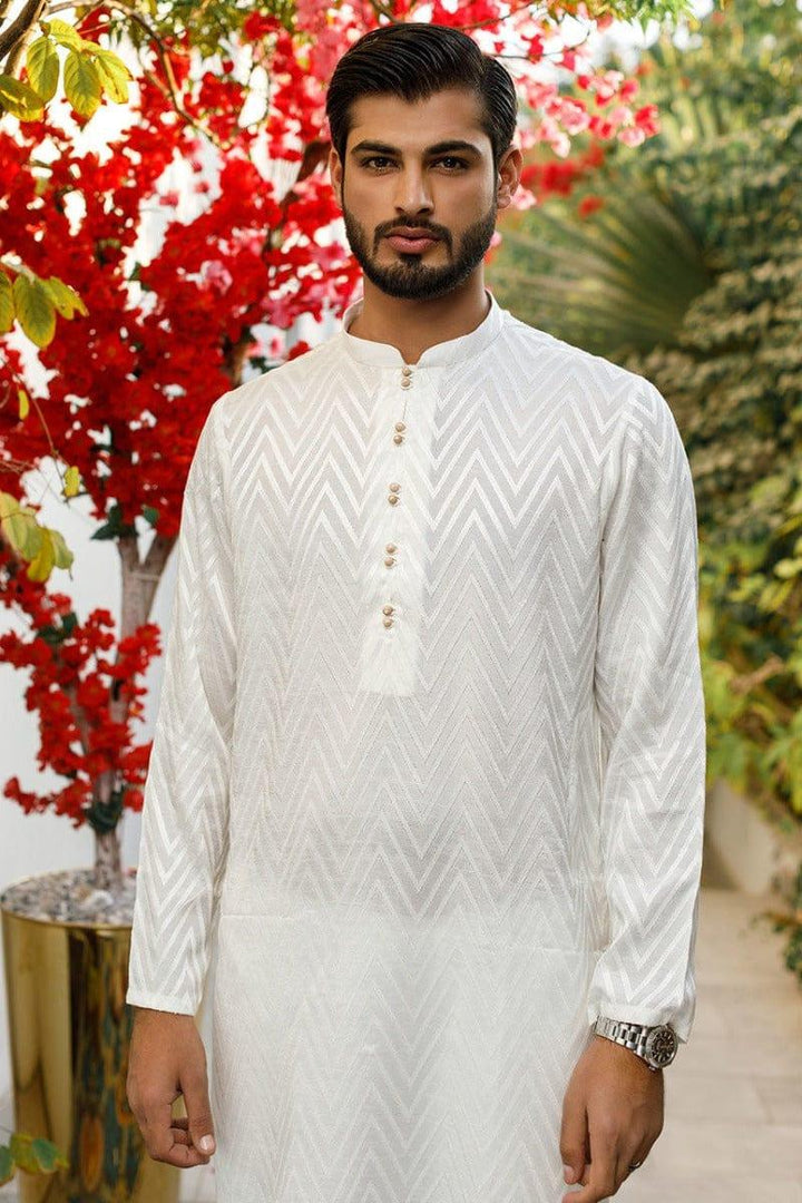 Deepak Perwani Men - White Raw Wilk  Embroidered Kurta Pajama - MOF1866 - 2 Piece