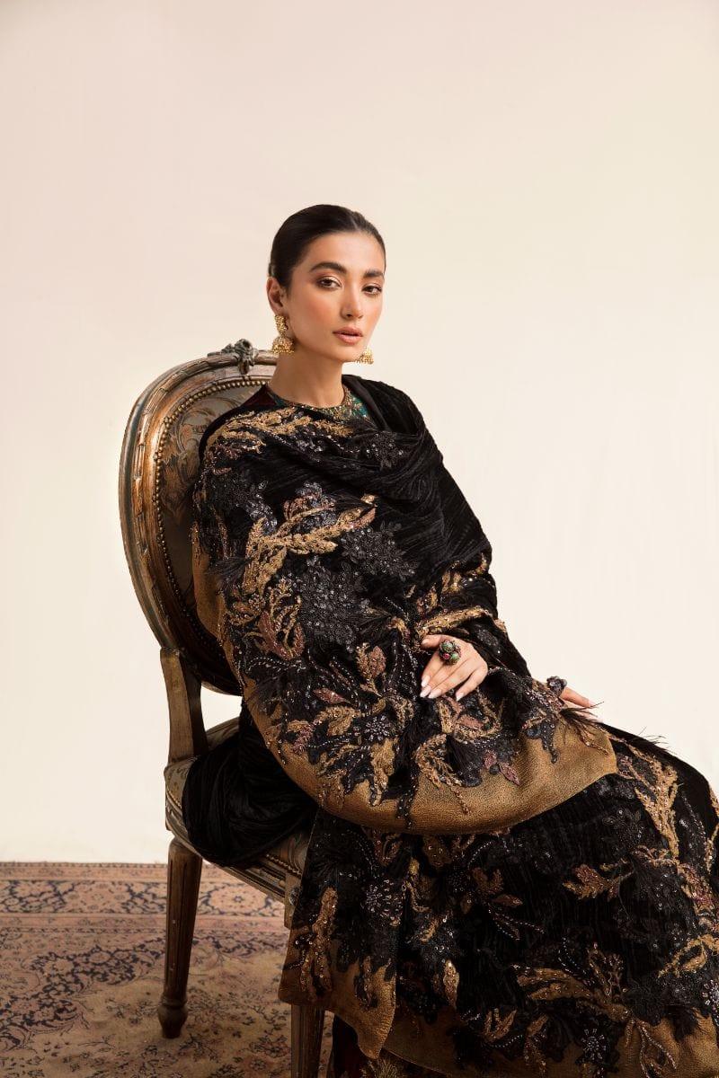 Nilofer Shahid - Bronze Gold Tissue Silk Shirt & Crushed Tissue Pants with Black Pure Crushed Velvet Shawl - 3 Piece - Studio by TCS
