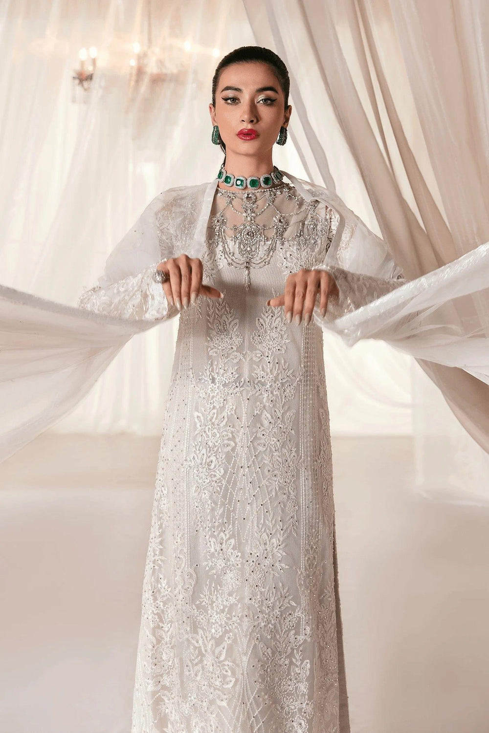 Nilofer Shahid - Pearl White Embroidered Net Shirt and Pure Lace Fabric Pants with Premium Organza Dupatta - Divine Love - 3 Piece - Studio by TCS