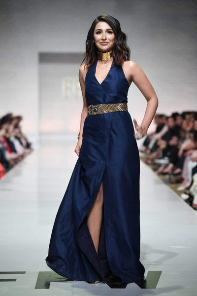 Yasmin Zaman - Blue Pure Silk Halter Style Gown