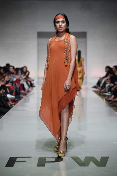 Yasmin Zaman - Rust Chiffon Layered Asymmetrical Hemline Dress