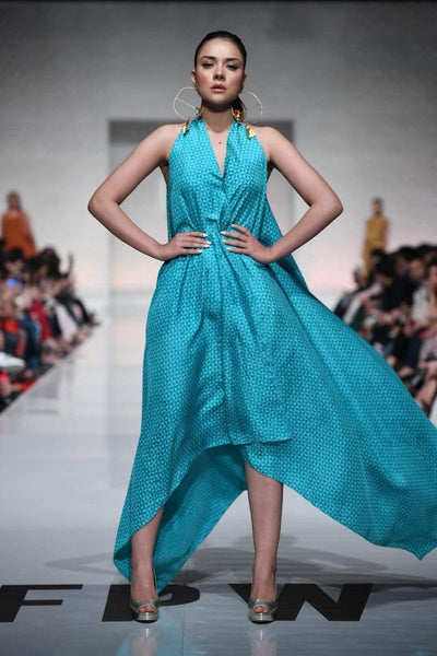 Yasmin Zaman - Aqua Printed Handkerchief Style Dress