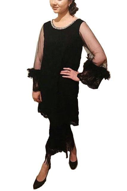 Maheen Ghani Taseer - Black Organza Net Shirt With Fringes Loose Pants