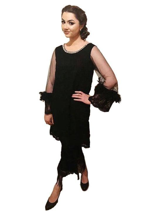 Maheen Ghani Taseer - Black Organza Net Shirt With Fringes Loose Pants