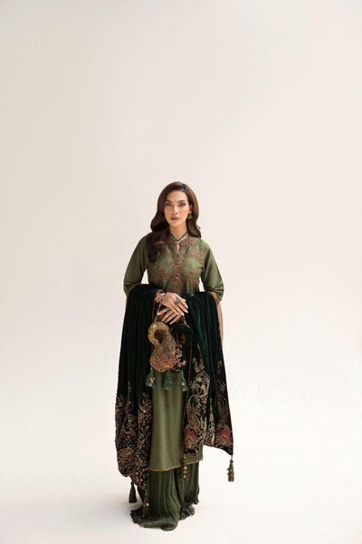 Nilofer Shahid - Emerald Raw Silk Shirt & Pure Silk Pants with Pure Velvet Shawl - 3 Piece - Studio by TCS