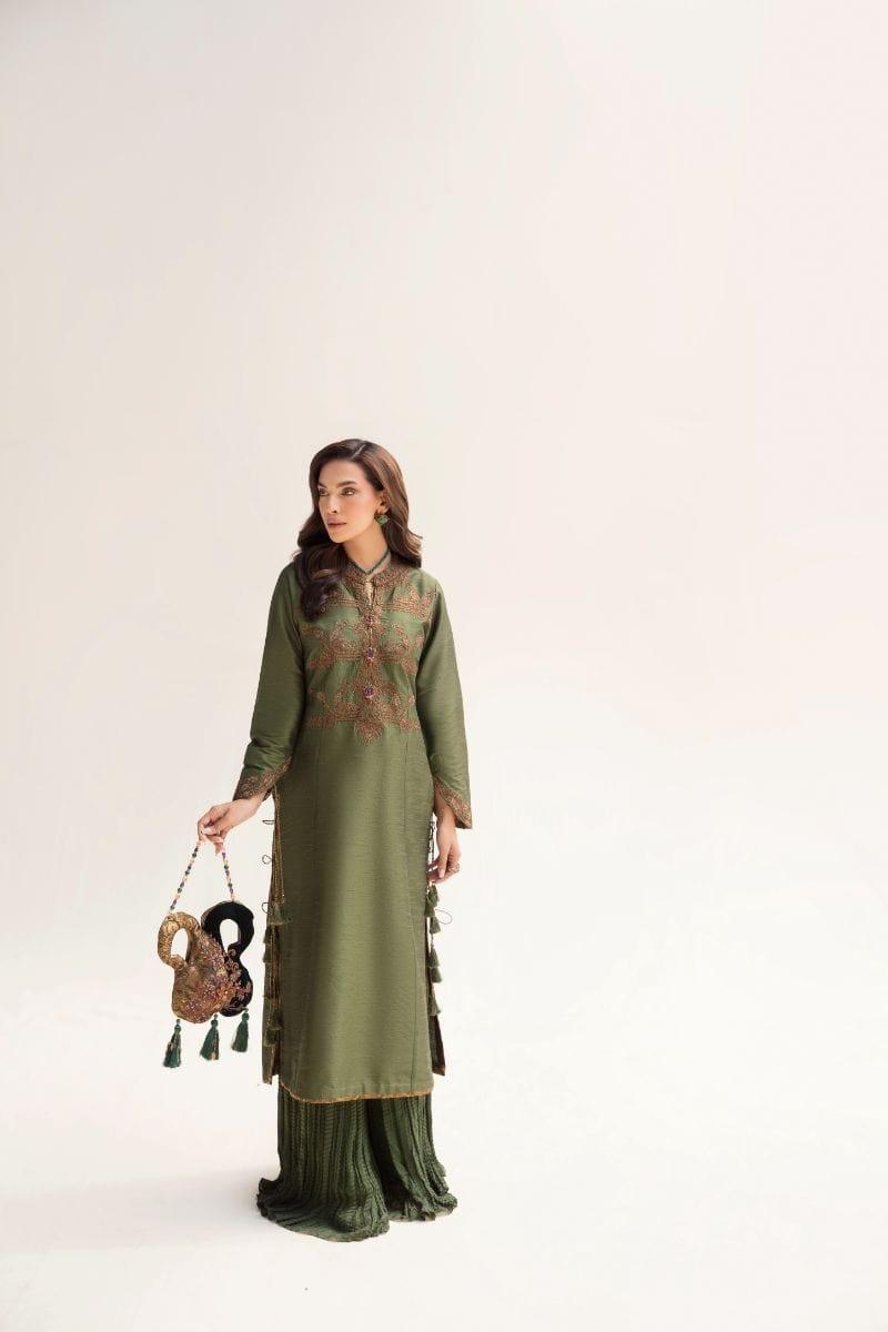 Nilofer Shahid - Emerald Raw Silk Shirt & Pure Silk Pants with Pure Velvet Shawl - 3 Piece - Studio by TCS
