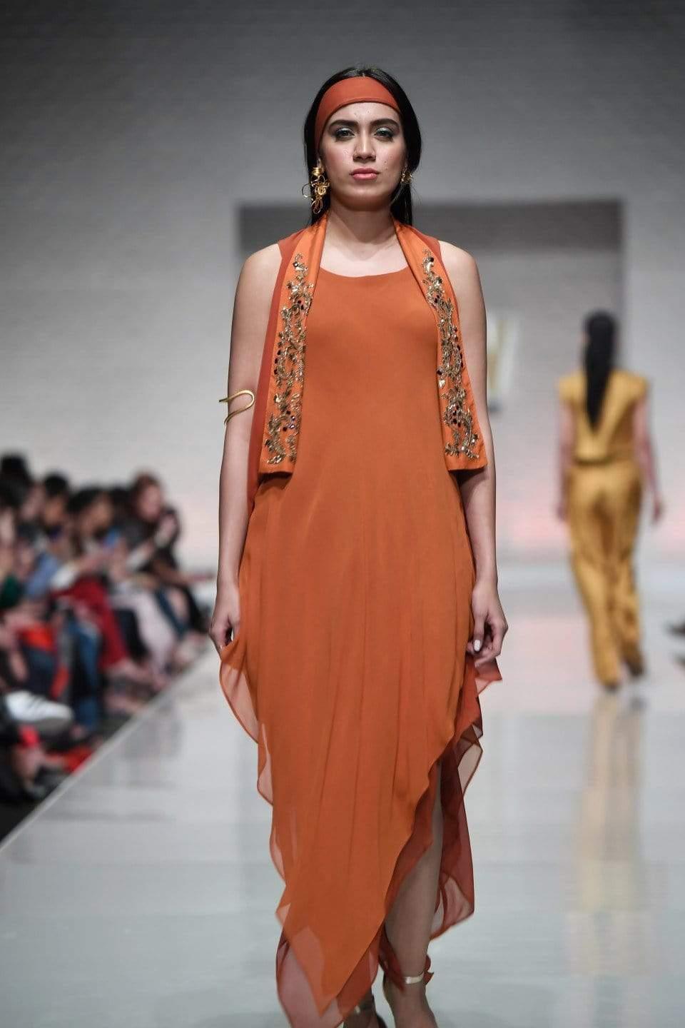 Yasmin Zaman - Rust Chiffon Layered Asymmetrical Hemline Dress