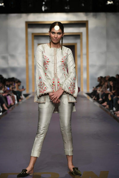 Yasmin Zaman - Cream Embroidered Jacket with Pants - F-184