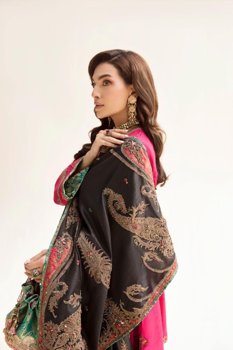 Nilofer Shahid - Raw Silk Kurta & Crushed Silk Shalwar with Fuchsia Black Raw Silk Shawl - 3 Piece - Studio by TCS