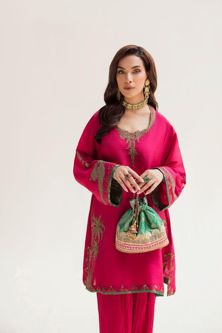 Nilofer Shahid - Raw Silk Kurta & Crushed Silk Shalwar with Fuchsia Black Raw Silk Shawl - 3 Piece - Studio by TCS