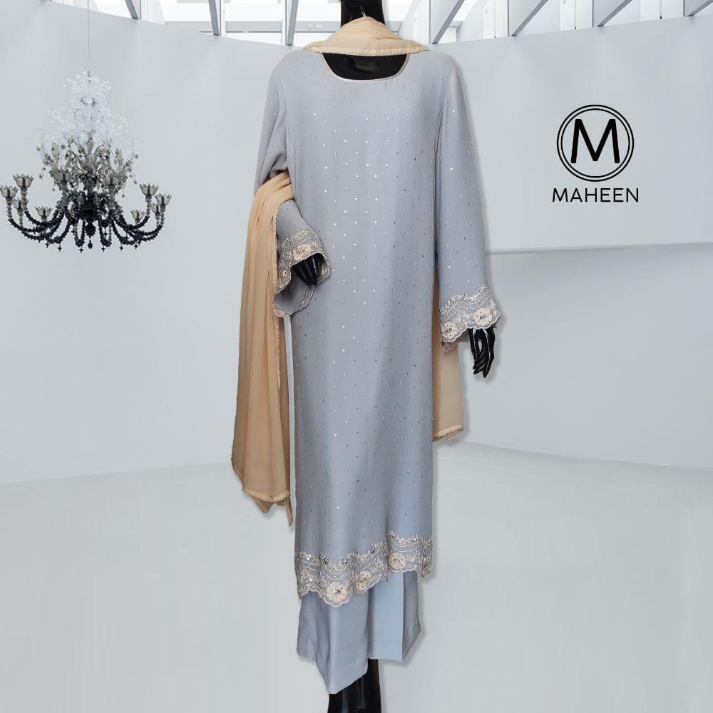 Maheen Khan - Silver Sparkle - Grey and Beige - Silk Chiffon - Studio by TCS