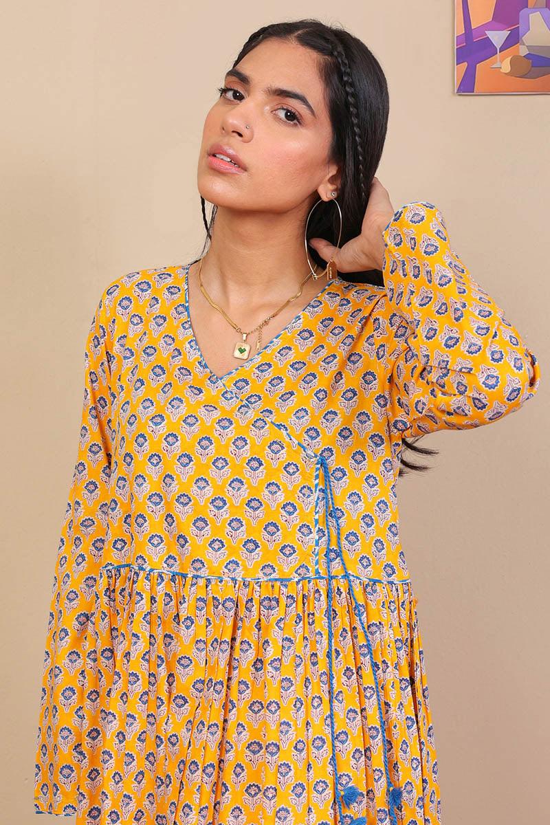 Generation - Block Printed Saga Dress - Mango Yellow - Voile