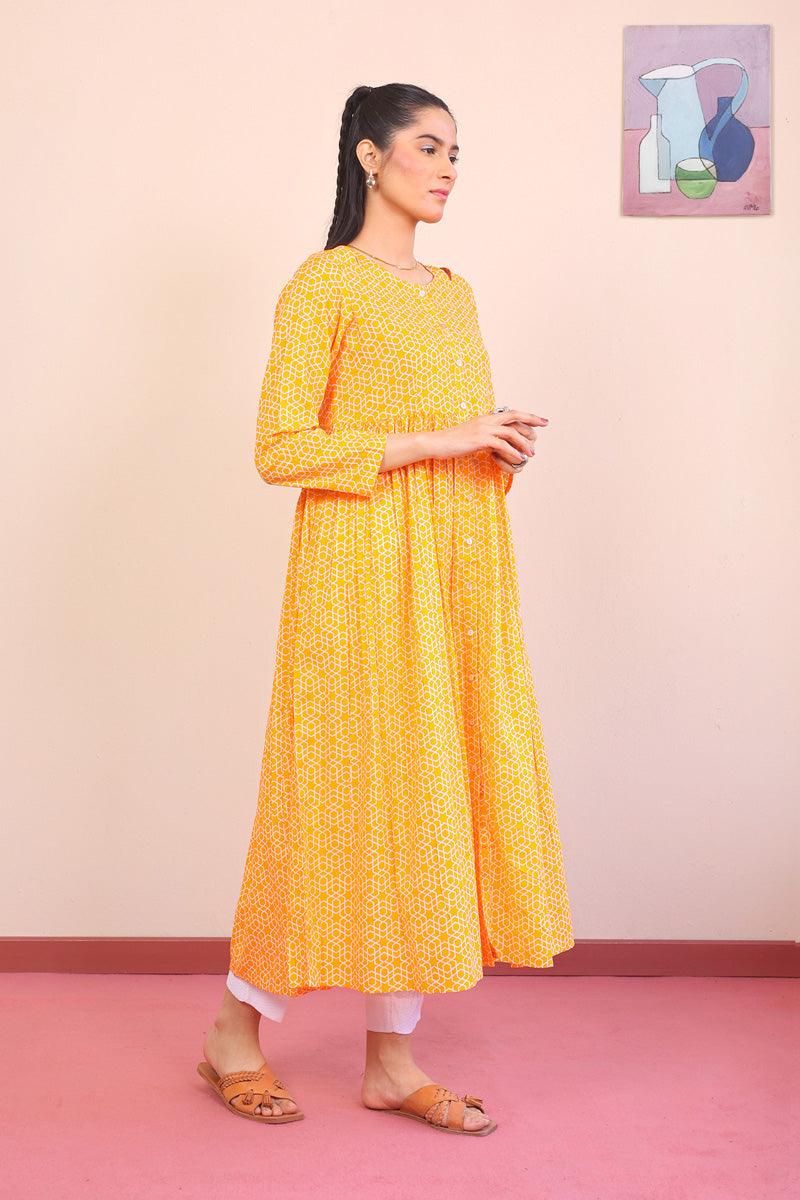 Generation - Geometric Dress - Mango Yellow - Lawn - 1 Piece
