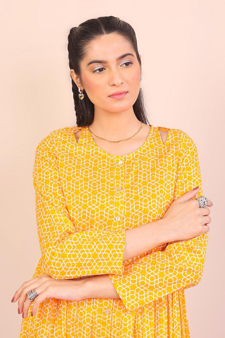Generation - Geometric Dress - Mango Yellow - Lawn - 1 Piece