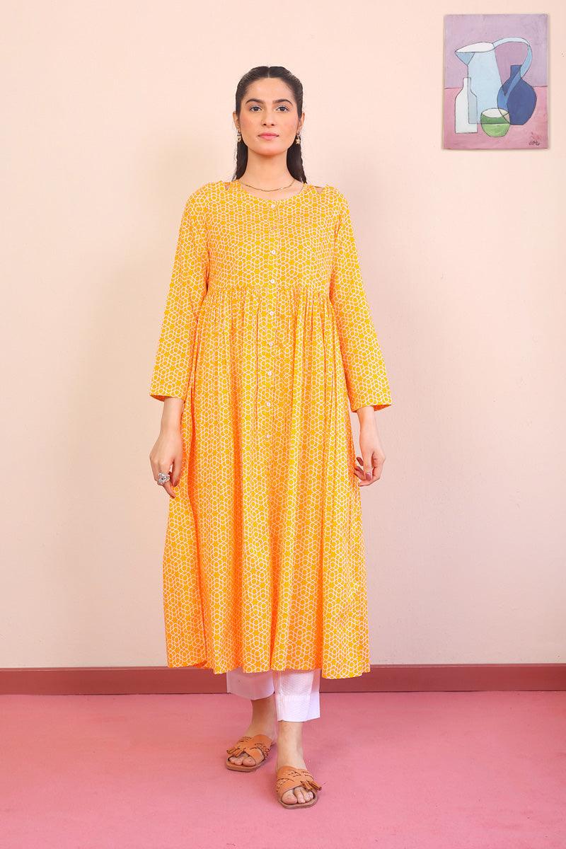 Generation - Geometric Dress - Mango Yellow - Lawn - 1 Piece