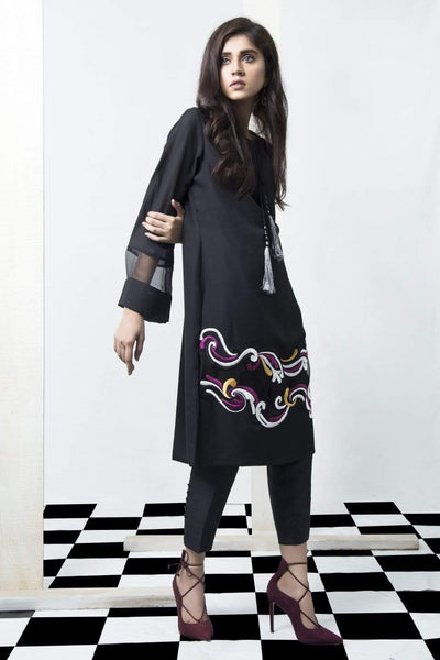 Natasha Kamal - Black Tunic Featuring Embroidered Organza Insert (Two Piece Set)