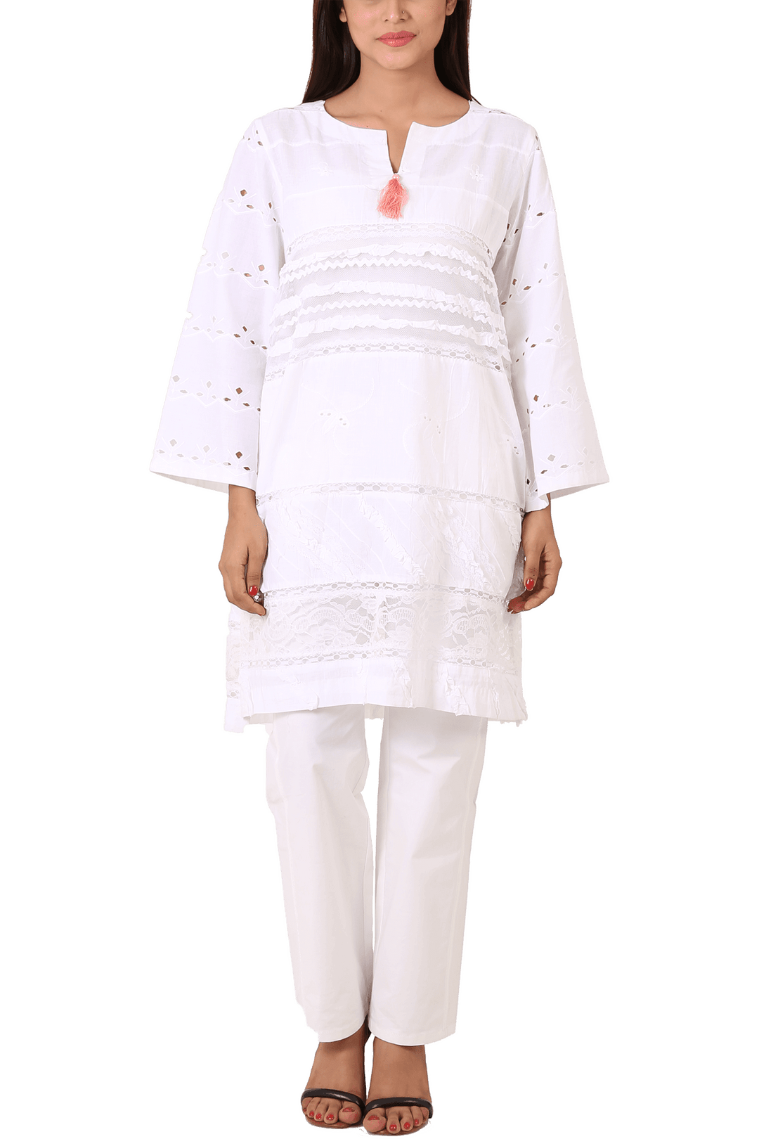 Maheen Ghani Taseer - White Embroidered Shirt With Pink Tassels