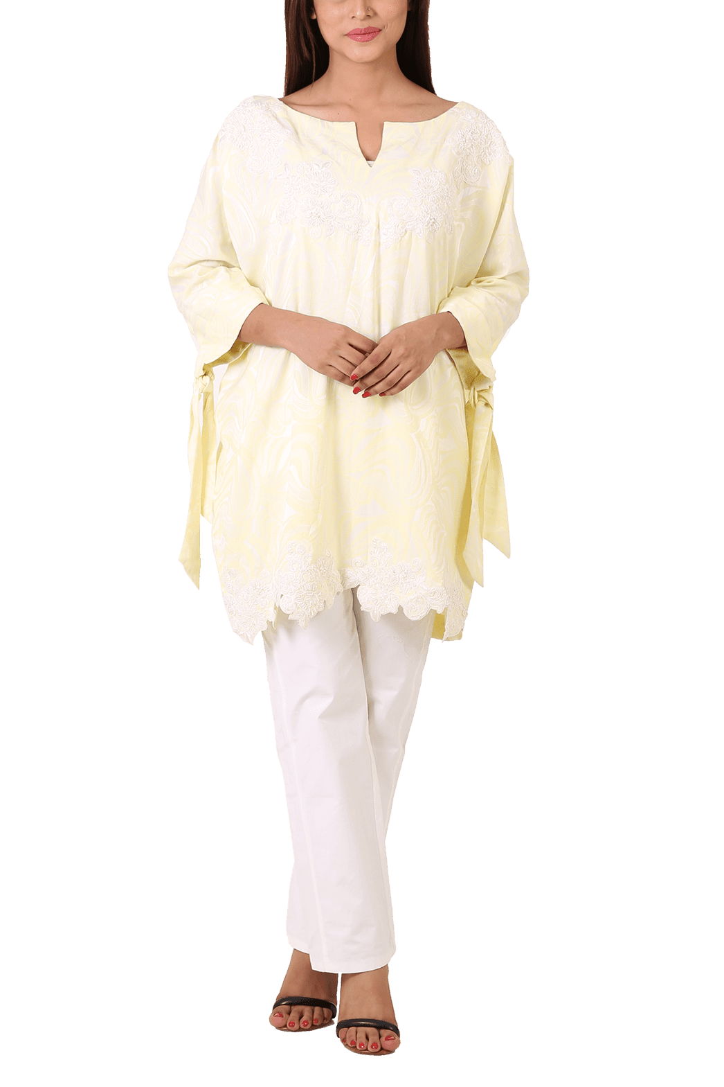Maheen Taseer - Powder Yellow Printed Kimono Shirt With Laced Embroidery