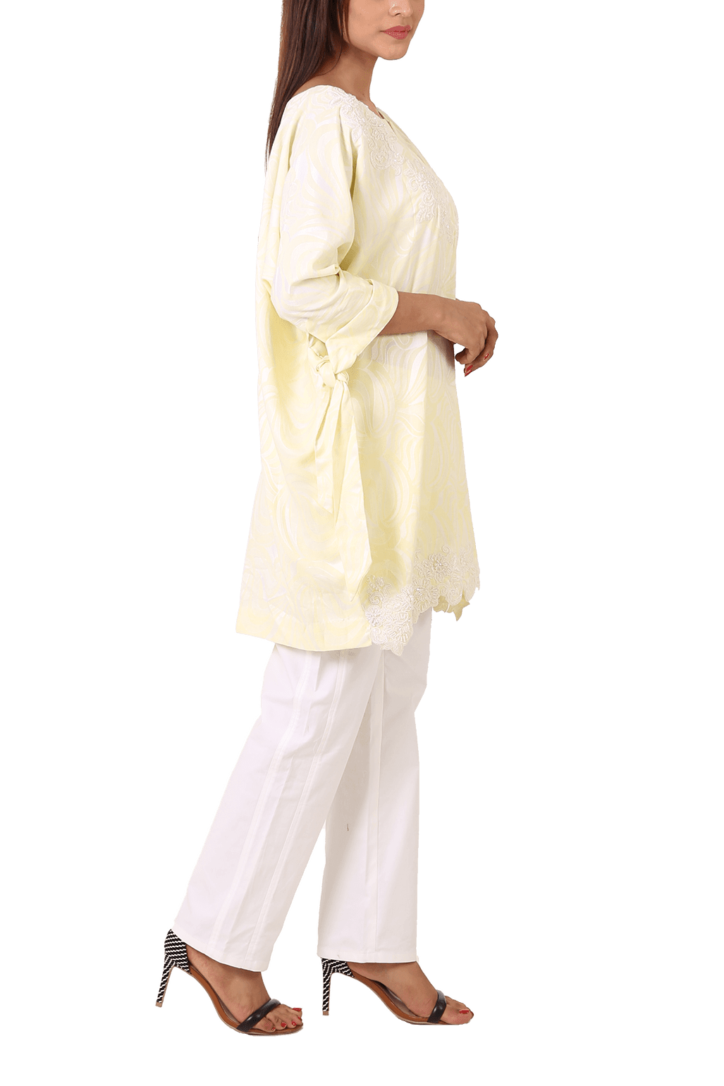 Maheen Taseer - Powder Yellow Printed Kimono Shirt With Laced Embroidery