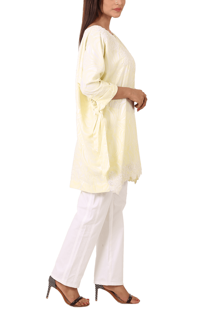 Maheen Taseer - Powder Yellow Printed Kimono Shirt With Laced Embroidery