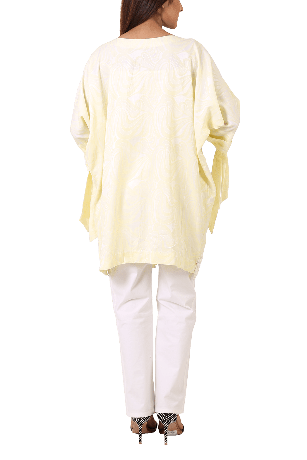 Maheen Taseer - Powder Yellow Printed Kimono Shirt With Laced Embroidery