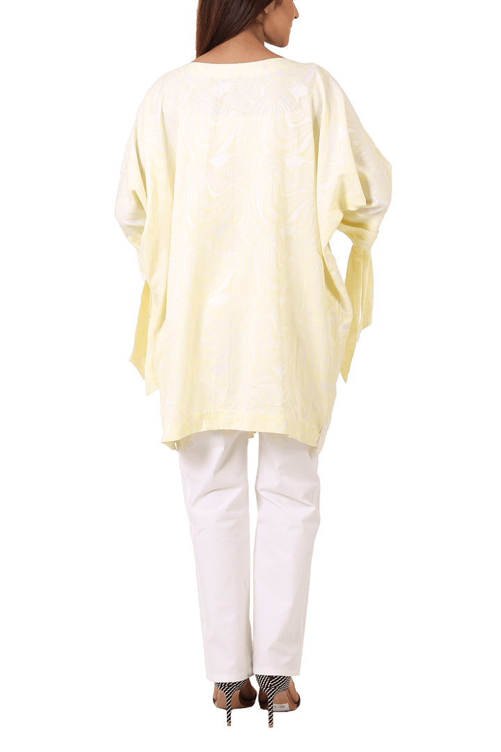 Maheen Taseer - Powder Yellow Printed Kimono Shirt With Laced Embroidery
