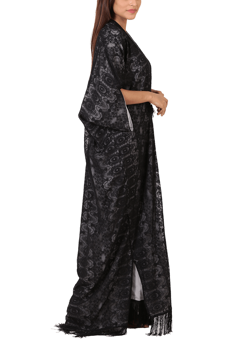 Maheen Taseer - Black Embroidered Net Kaftan With 3d Flowers