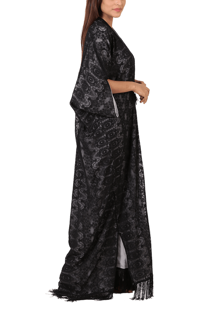 Maheen Taseer - Black Embroidered Net Kaftan With 3d Flowers