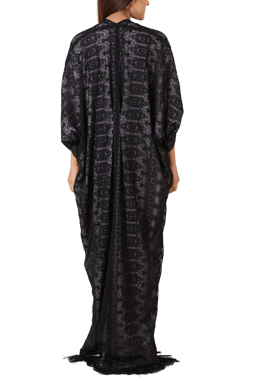 Maheen Taseer - Black Embroidered Net Kaftan With 3d Flowers
