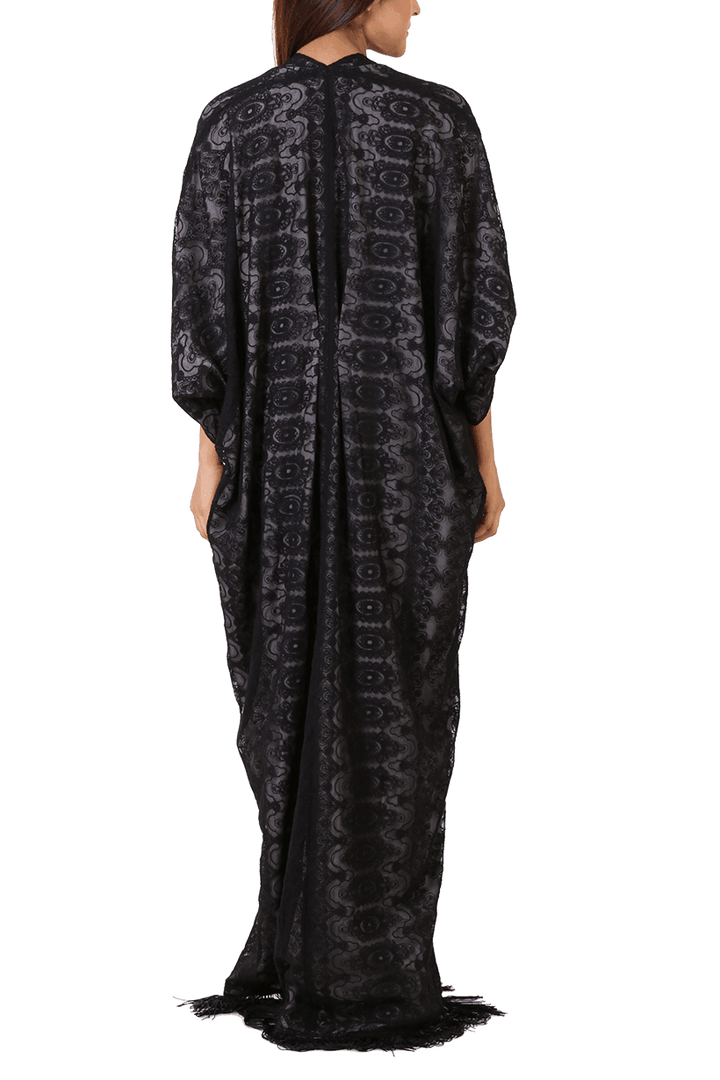 Maheen Taseer - Black Embroidered Net Kaftan With 3d Flowers