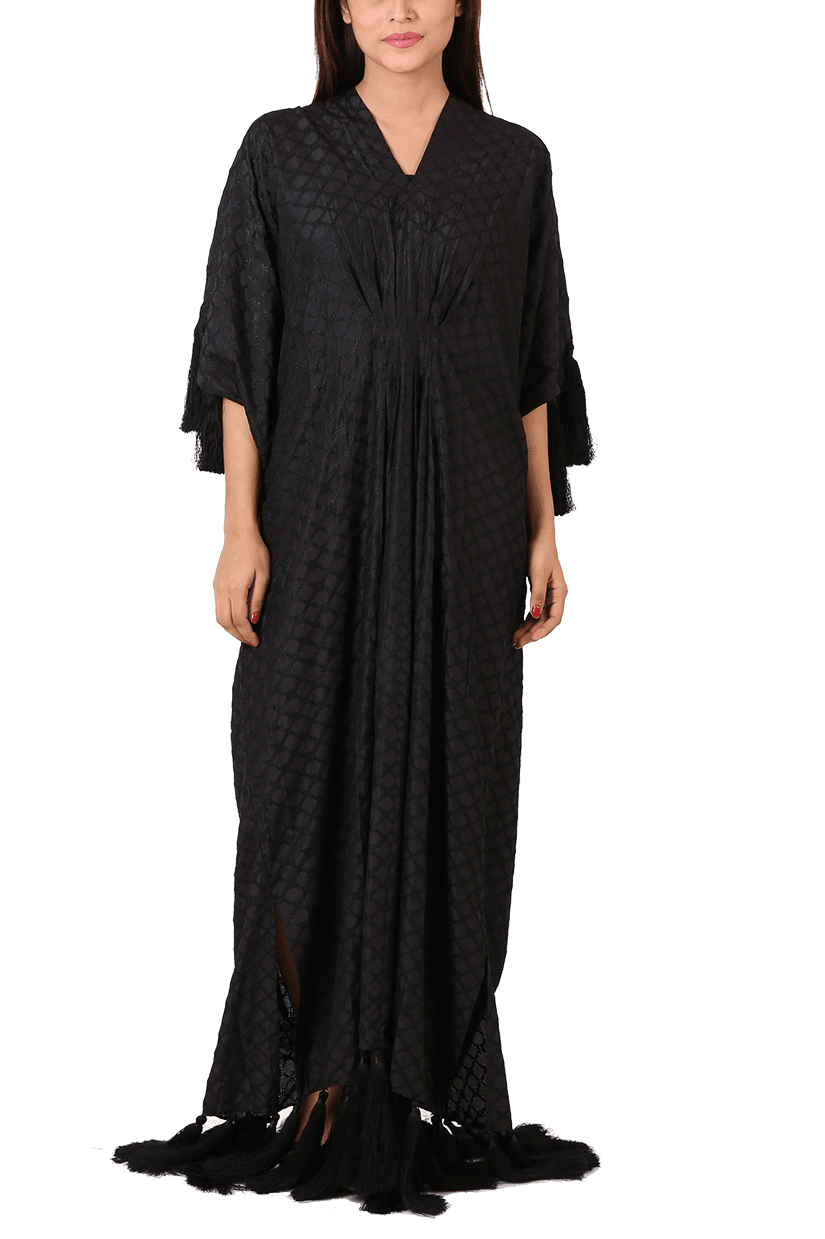 Maheen Ghani Taseer - Embroidered Black Kaftan With Tassel Finishing