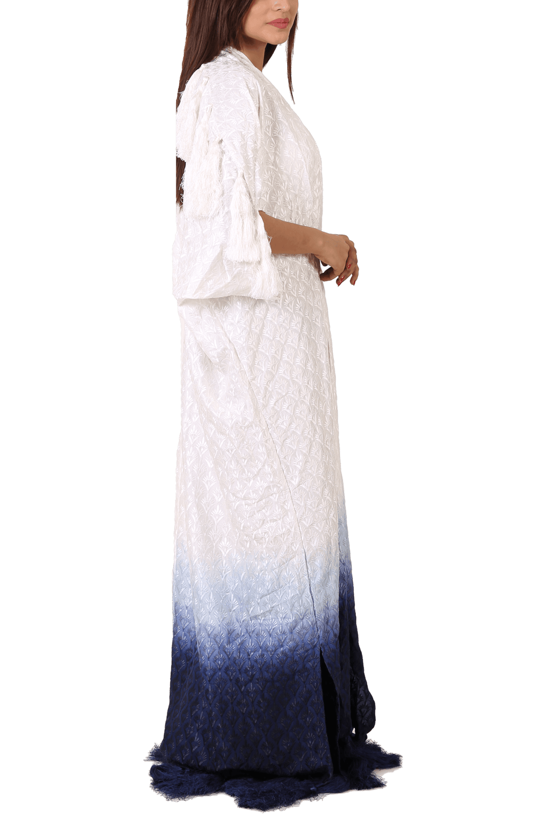 Maheen Ghani Taseer - Embroidered White Kaftan With Dip Dye On Bottom And Tassel Finishing