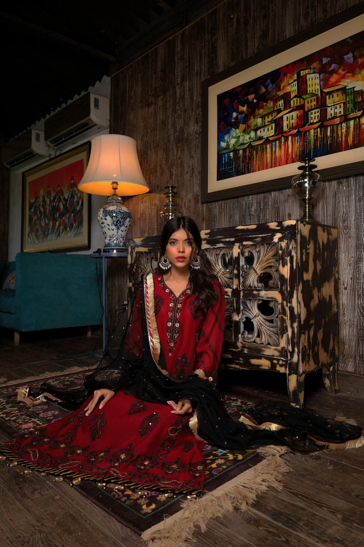 Sadia Aamir - Tarz - Black & Maroon - Block Print - 3 Piece - Studio by TCS