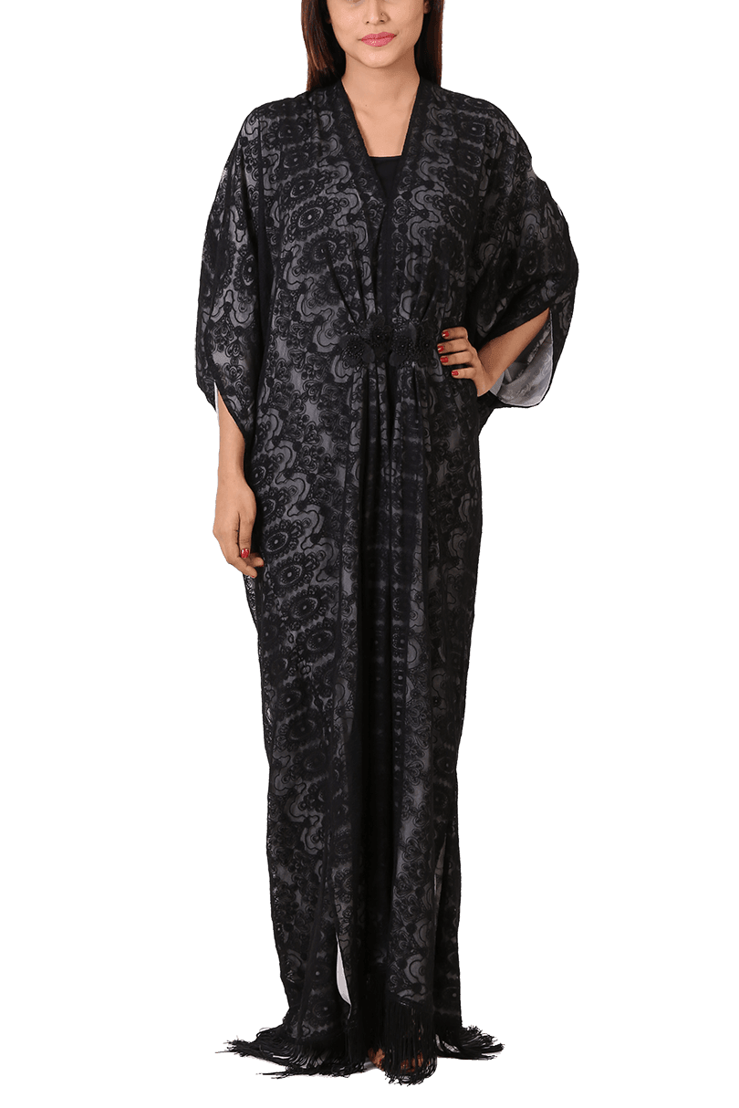 Irum Ghani Trends - Black Embroidered Net Kaftan With 3d Flowers