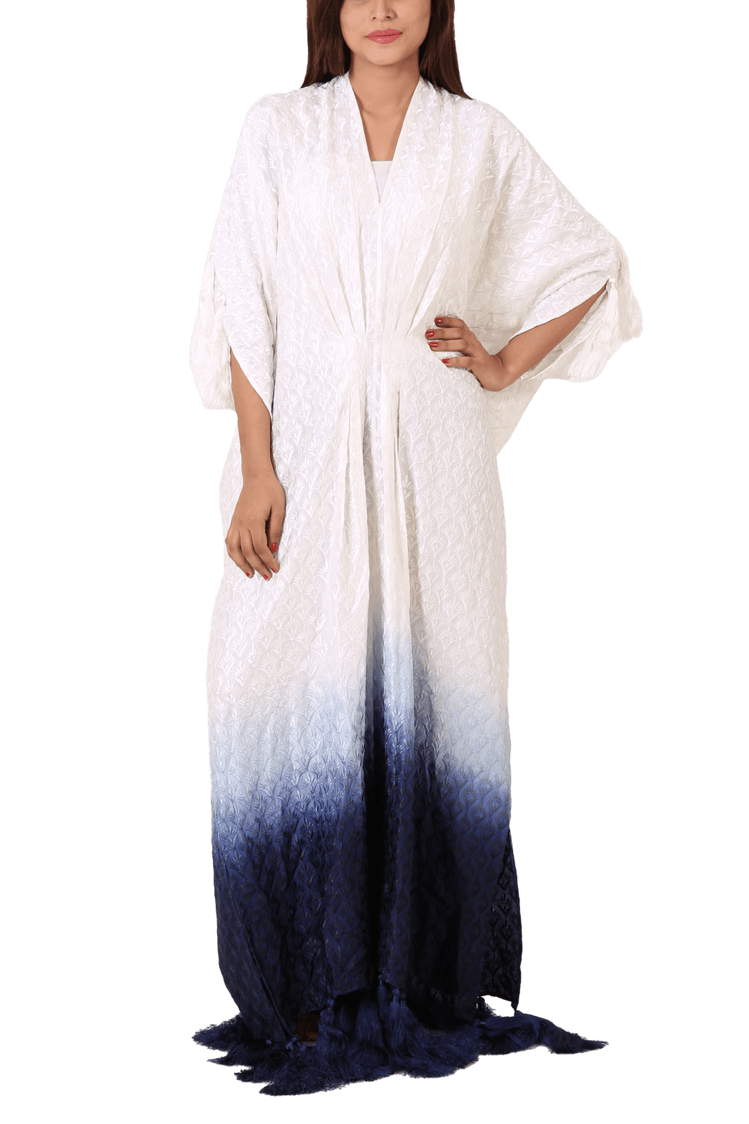 Irum Ghani Trends - Embroidered White Kaftan With Dip Dye On Bottom And Tassel Finishing