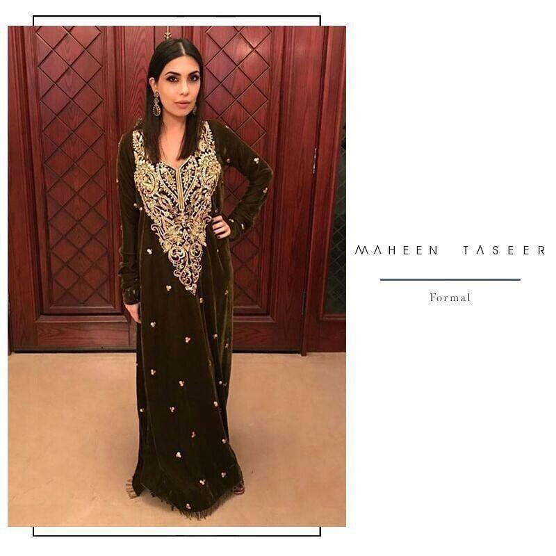 Irum Ghani Trends - Olive Green Velvet Kaftan