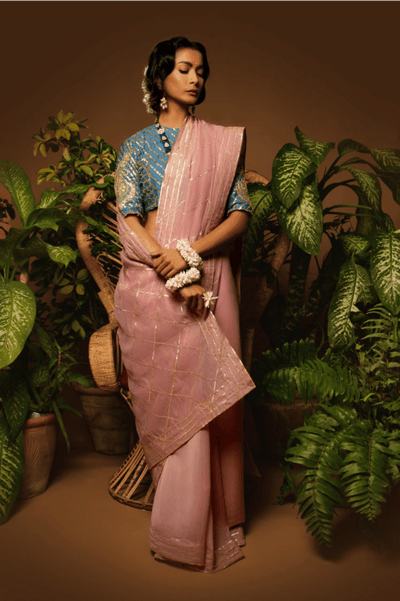 Sanam Chaudhri - Tea Pink & Blue Kora Silk Saree - Studio by TCS
