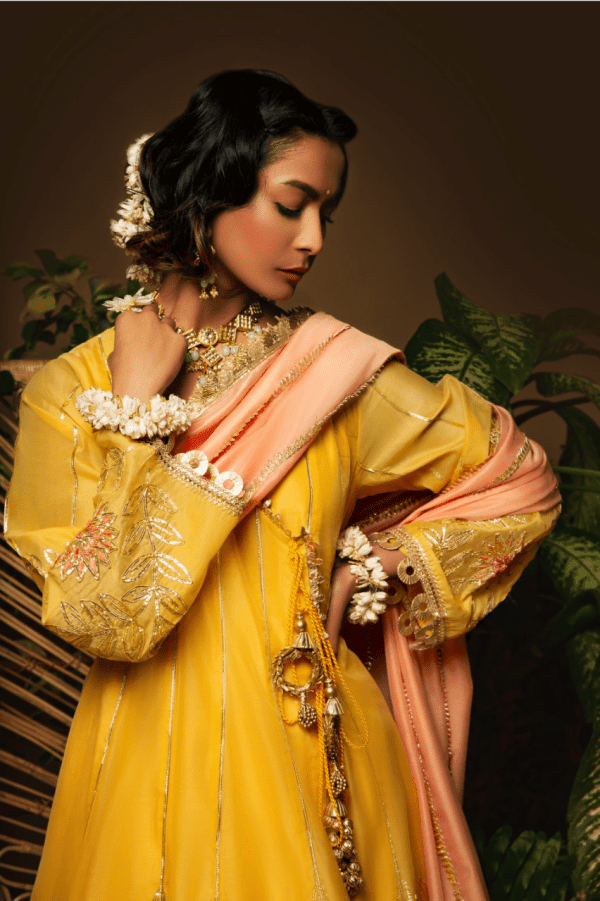 Sanam Chaudhri - Yellow & Peach Kora Silk Embroidered Pishwas 3 Piece - Studio by TCS