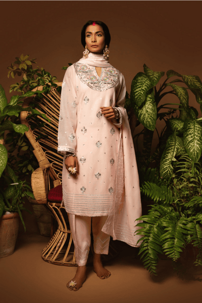 Sanam Chaudhri - Powder Pink Kora Silk Embroidered 3 Piece - Studio by TCS