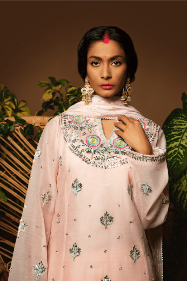 Sanam Chaudhri - Powder Pink Kora Silk Embroidered 3 Piece - Studio by TCS