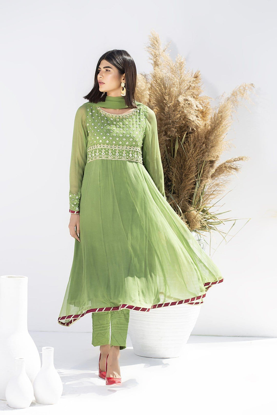 Aisha Fatema - Pear Green - 1020 - Chiffon Frock - 3 Piece Studio by TCS Aisha Fatema - Pear Green - 1020 - Chiffon Frock - 3 Piece Studio by TCS