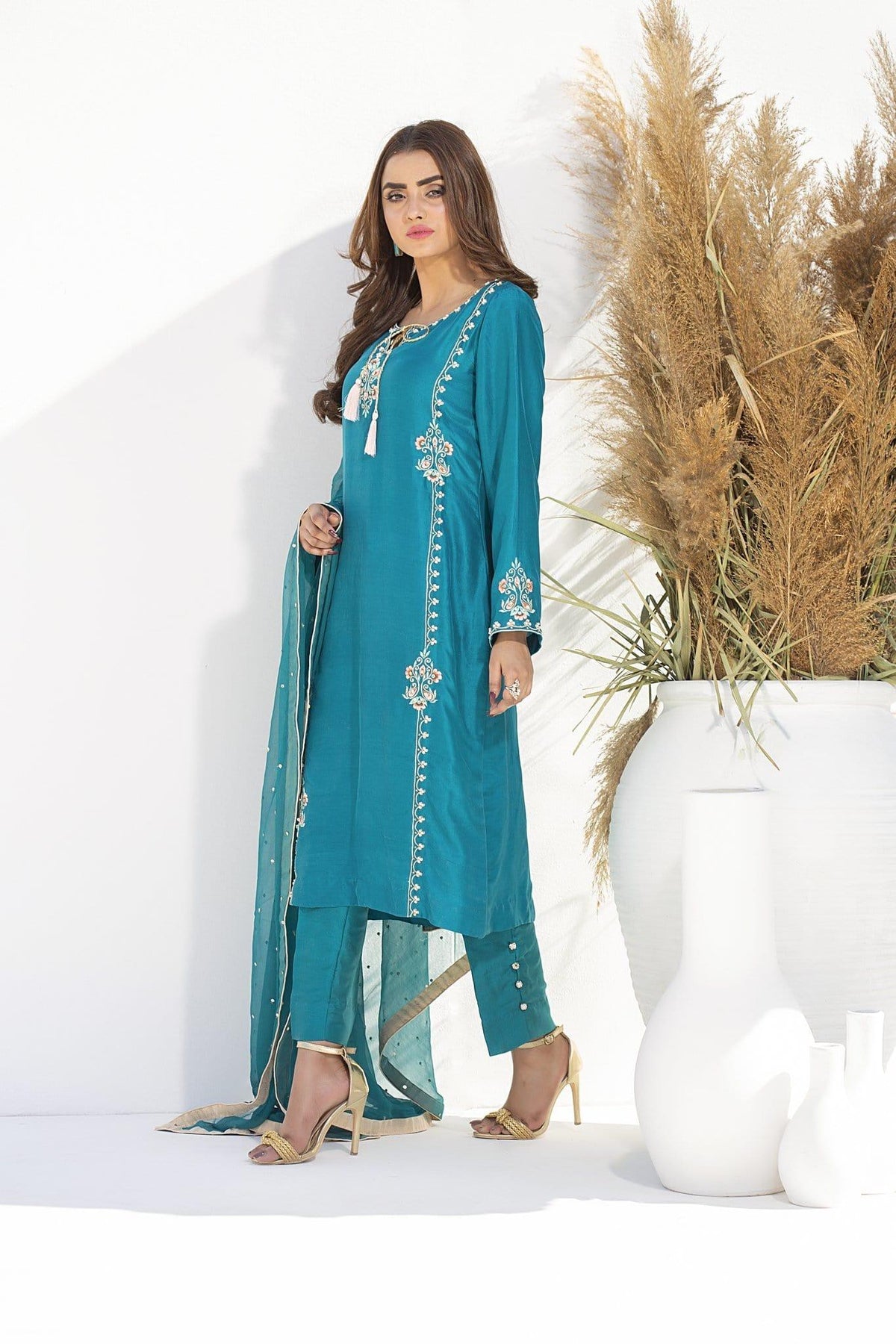 Aisha Fatema Luxury Pret Embroidered Raw Silk 2 Piece Suit ROYAL JADE