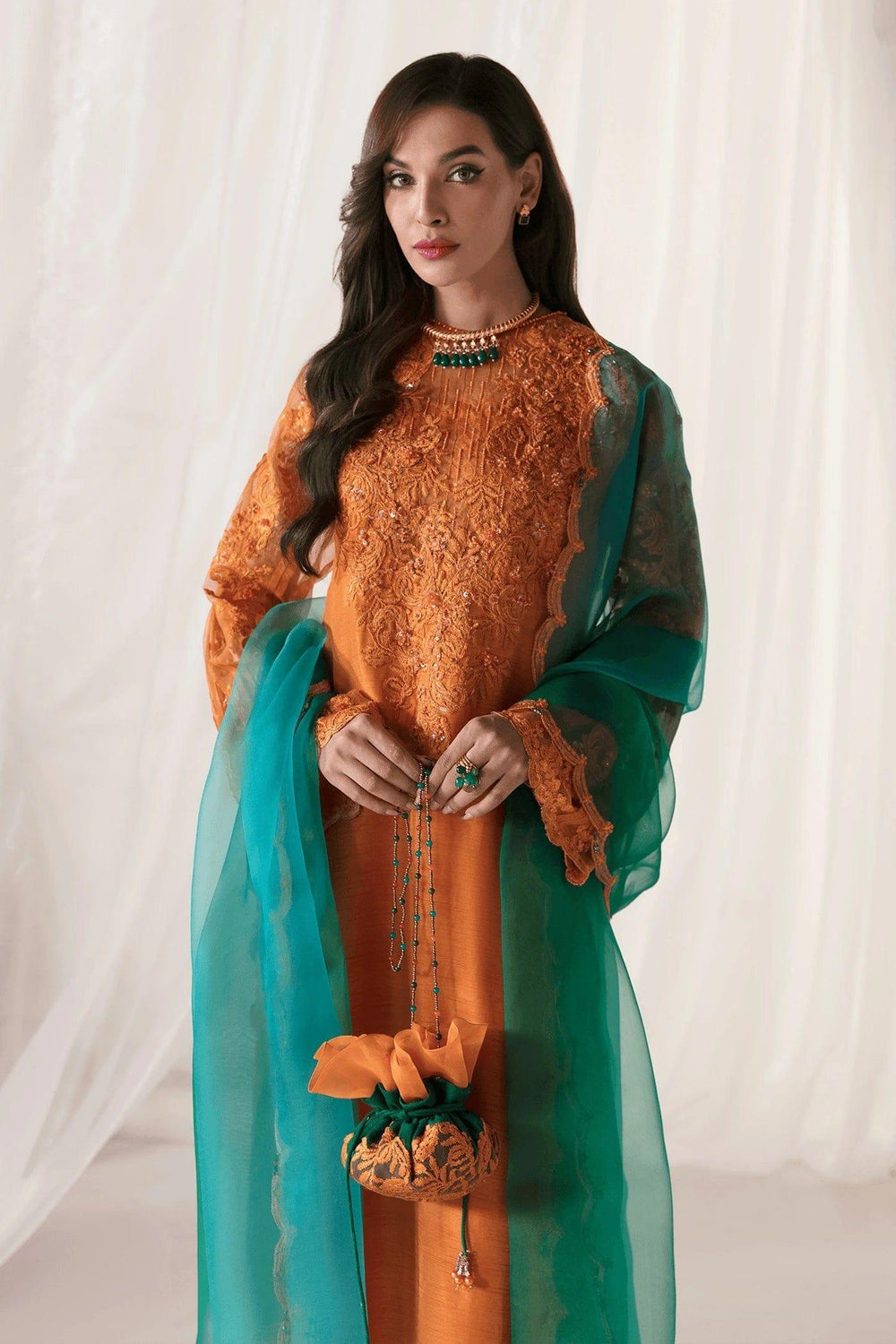 Nilofer Shahid - Korean Raw Silk Heavy Embroidered Shirt & Pants with Pure Organza Dupatta - Majestic Flare - 3 Piece - Studio by TCS