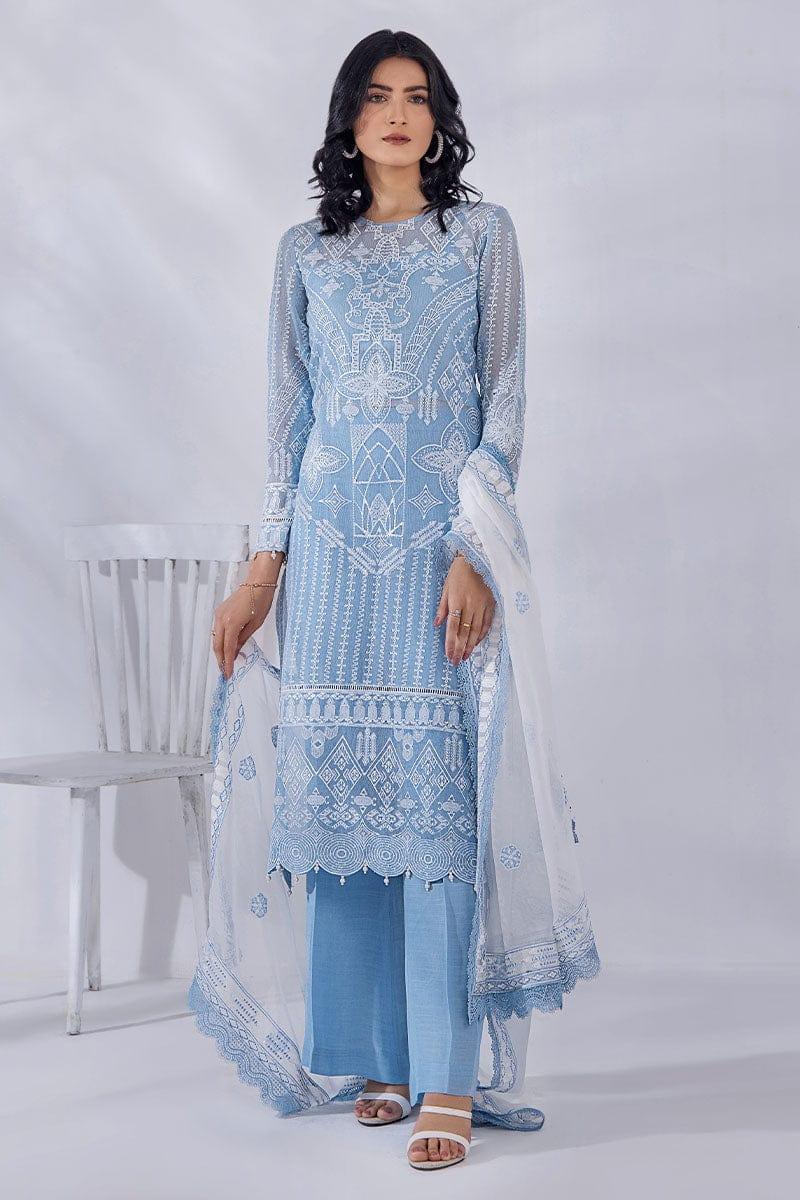 Malook - Anira - Sky Blue - Khaddi Net - Embroidered - 3 Piece - Unstitched