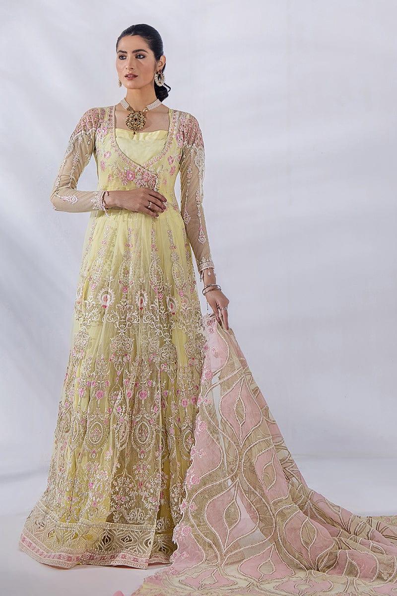 Malook - Diara - Yellow & Pink - Embroidered Net - 3 Piece - Unstitched