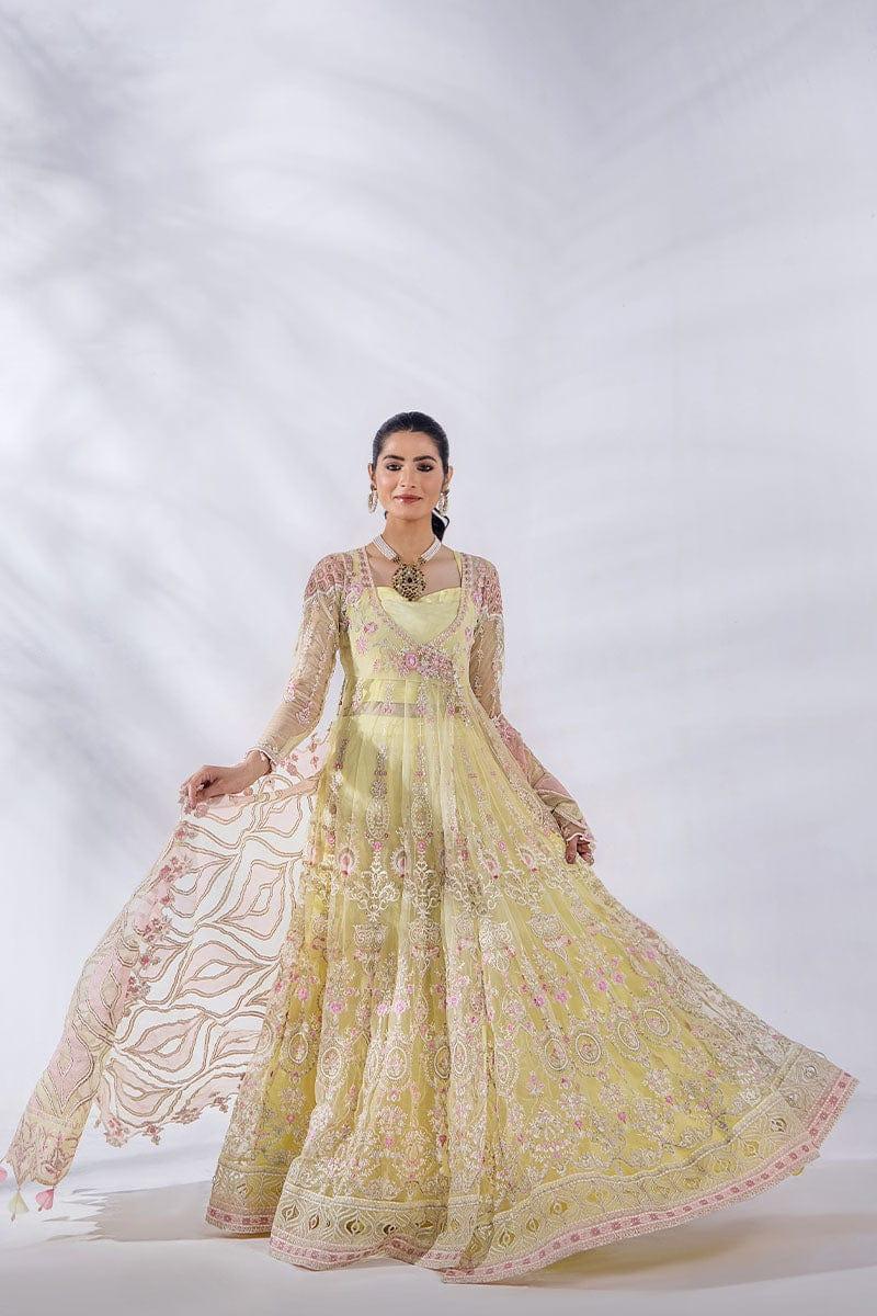 Malook - Diara - Yellow & Pink - Embroidered Net - 3 Piece - Unstitched