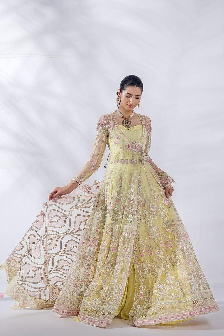 Malook - Diara - Yellow & Pink - Embroidered Net - 3 Piece - Unstitched