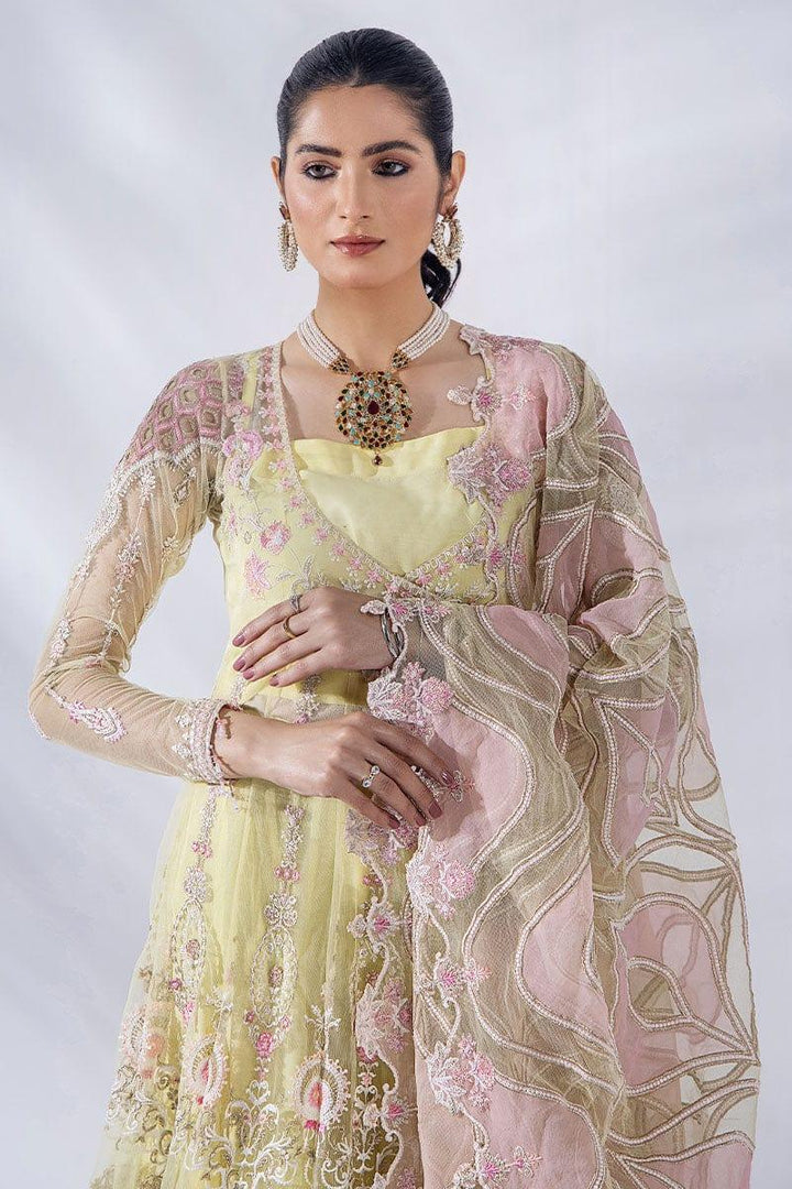 Malook - Diara - Yellow & Pink - Embroidered Net - 3 Piece - Unstitched