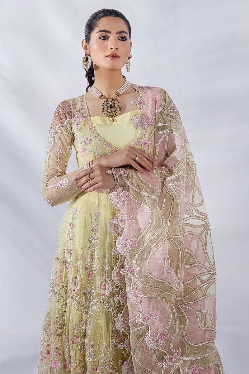Malook - Diara - Yellow & Pink - Embroidered Net - 3 Piece - Unstitched